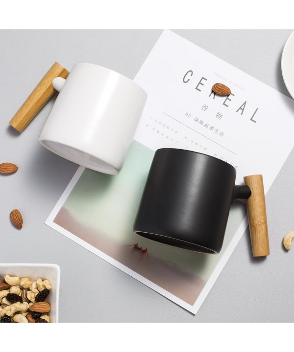 كوب قهوة من السيراميك مع مقبض من الخشب للقهوة و الشاي 450 مللي – أسود